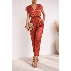 Maje Pera Jumpsuit XL Terracotta Satin Jacquard Bird Print Wrap Effect Pockets